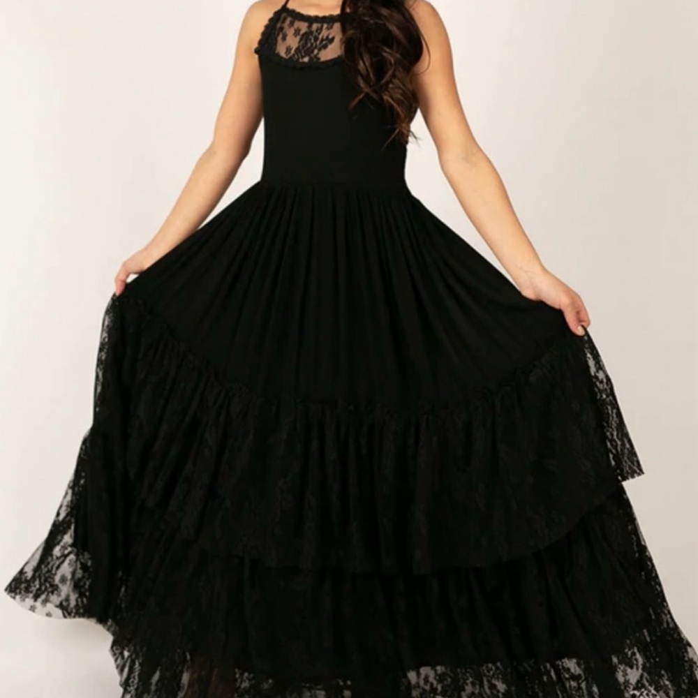 Joyfolie Black Tier Lace Ruffle Dress Halter Tie Maxi Gown Girls Size 10 NEW